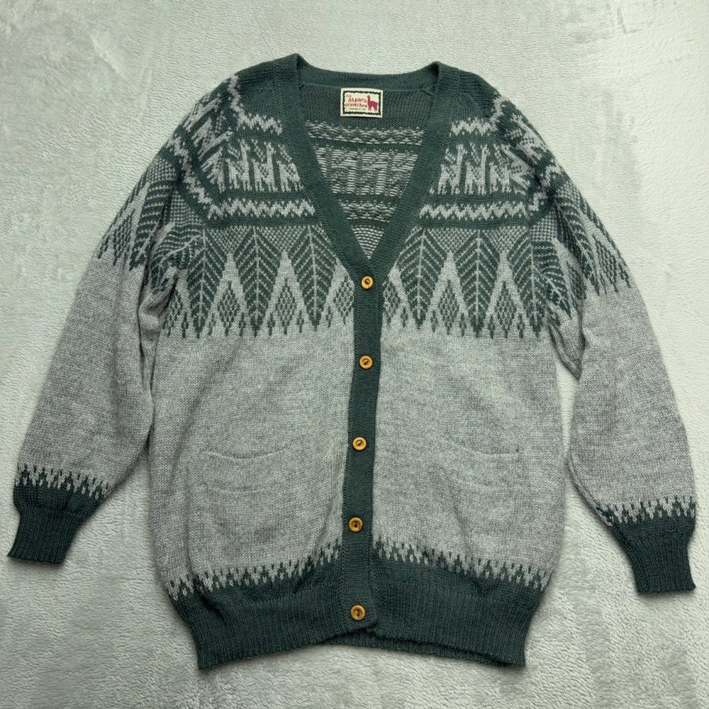 The Alpaca Connection Cardigan Unisex L Grey Green Fair Isle Alpaca Wool Peru